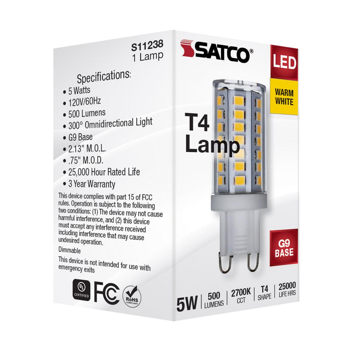 Satco LED 40W Equivalent G9 Double Loop Halogen Replacement Light Bulb - 5w Dimmable – Clear – Warm White – 2700K