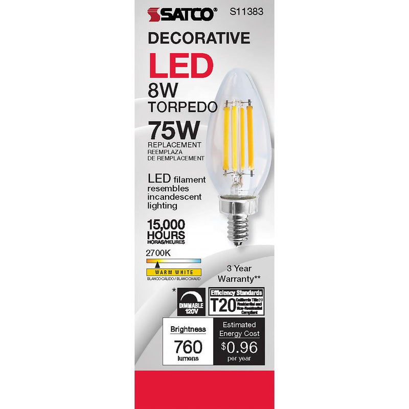 Satco LED 75W Equivalent Torpedo Bulb – 8W – E12 Candelabra Base – Clear – 2700K