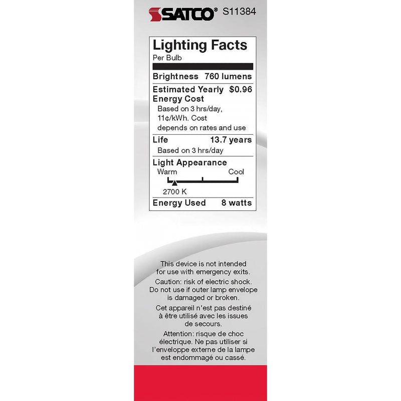 Satco LED 75W Equivalent Torpedo Bulb – 8W – E12 Candelabra Base – Frosted – Warm White – 2700K