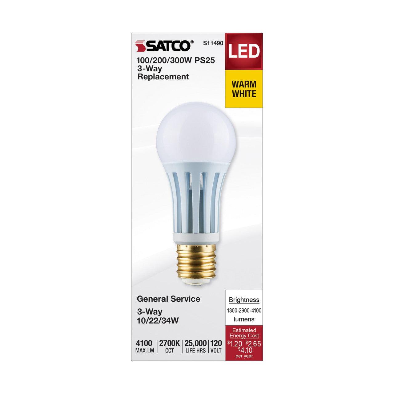 Satco LED 3-Way Frosted PS25 Mogul Bulb – 10/22/34W – 100/200/300 Equivalent – Warm White