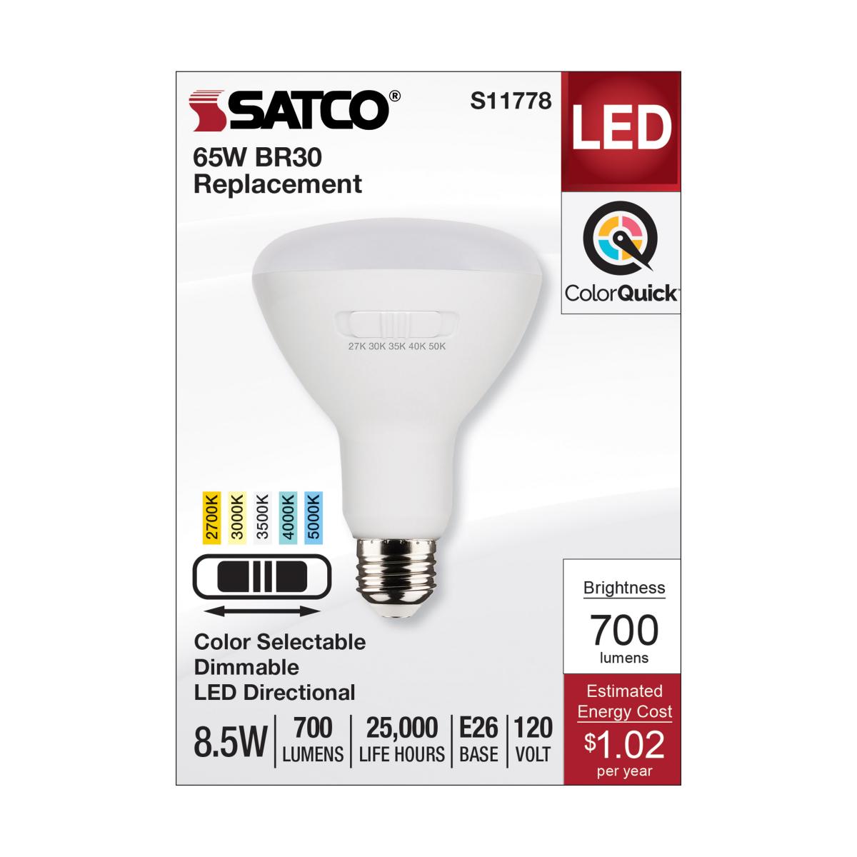 Satco LED BR30 Color Selectable Light Bulb – 8.5W – 65W Equivalent – E26 Base – Dimmable