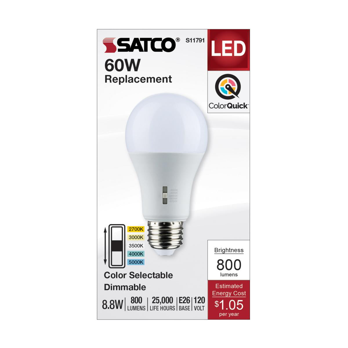 Satco LED A19 Color Selectable Light Bulb – 8.8W – 60W Equivalent – E26 Base – Dimmable