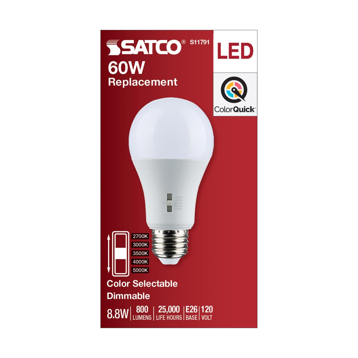 Satco LED A19 Color Selectable Light Bulb – 8.8W – 60W Equivalent – E26 Base – Dimmable