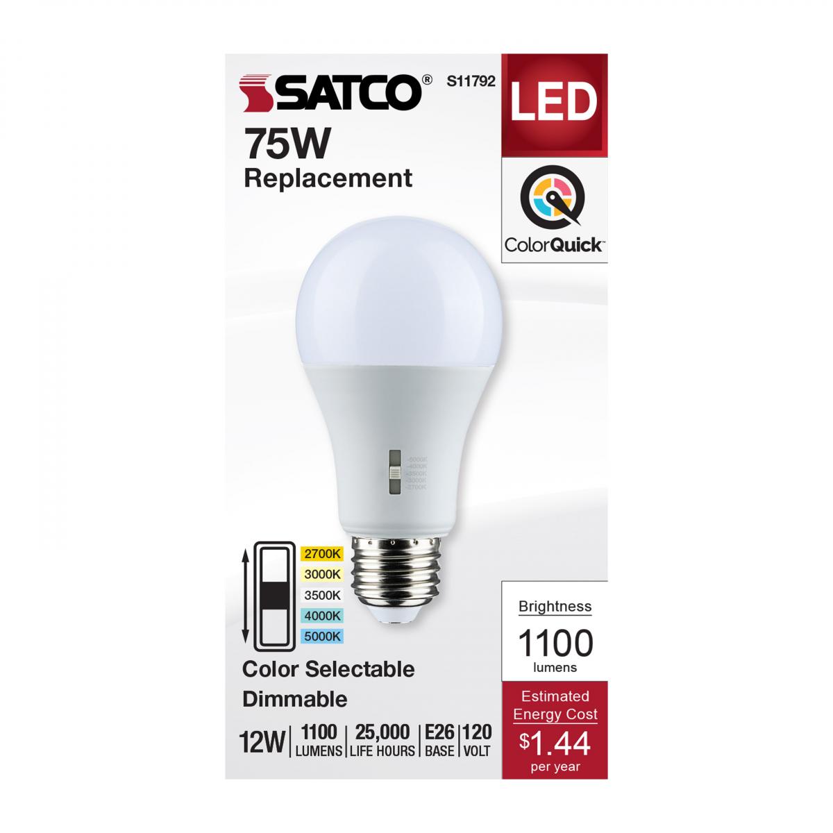 Satco LED A19 Color Selectable Light Bulb – 12W – 75W Equivalent – E26 Base – Dimmable