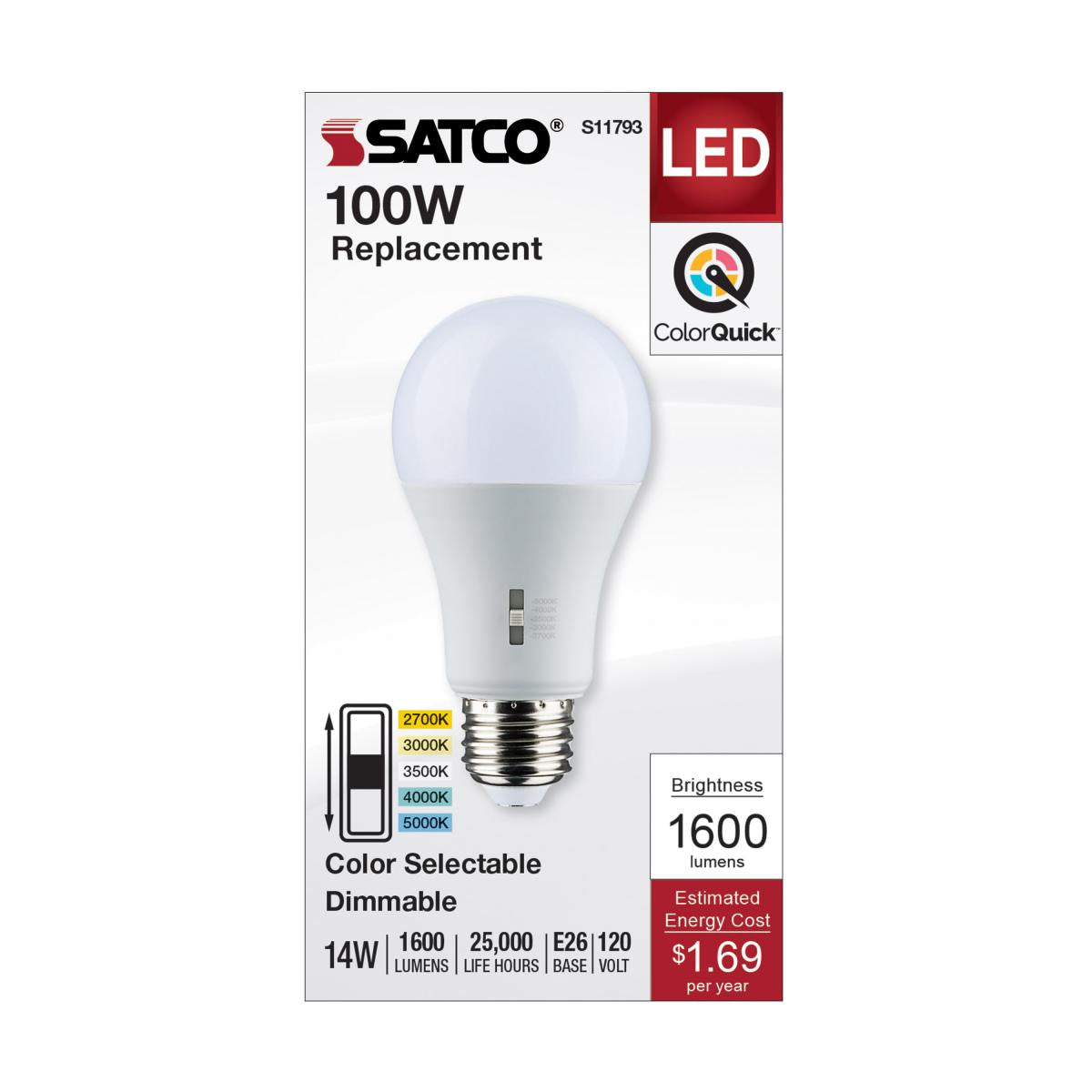 Satco LED A19 Color Selectable Light Bulb – 14W – 100W Equivalent – E26 Base – Dimmable