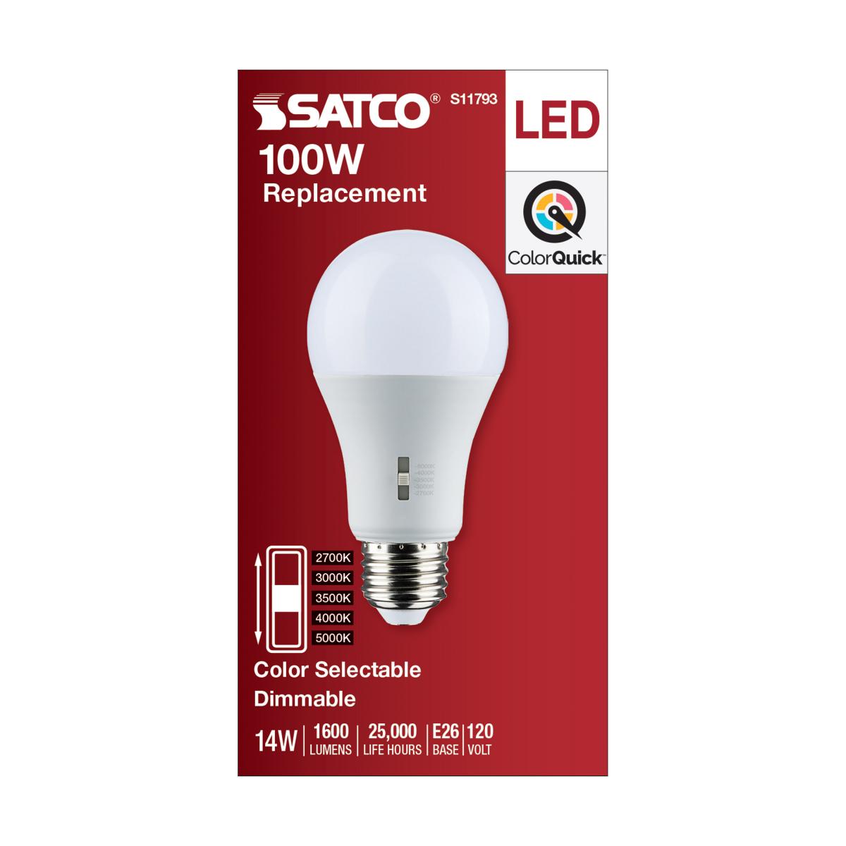 Satco LED A19 Color Selectable Light Bulb – 14W – 100W Equivalent – E26 Base – Dimmable