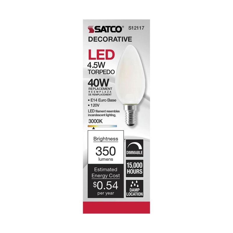 Satco LED European 40W Equivalent Torpedo Bulb – 4.5W –  E14 Euro Base – Frosted – Warm White – 3000K