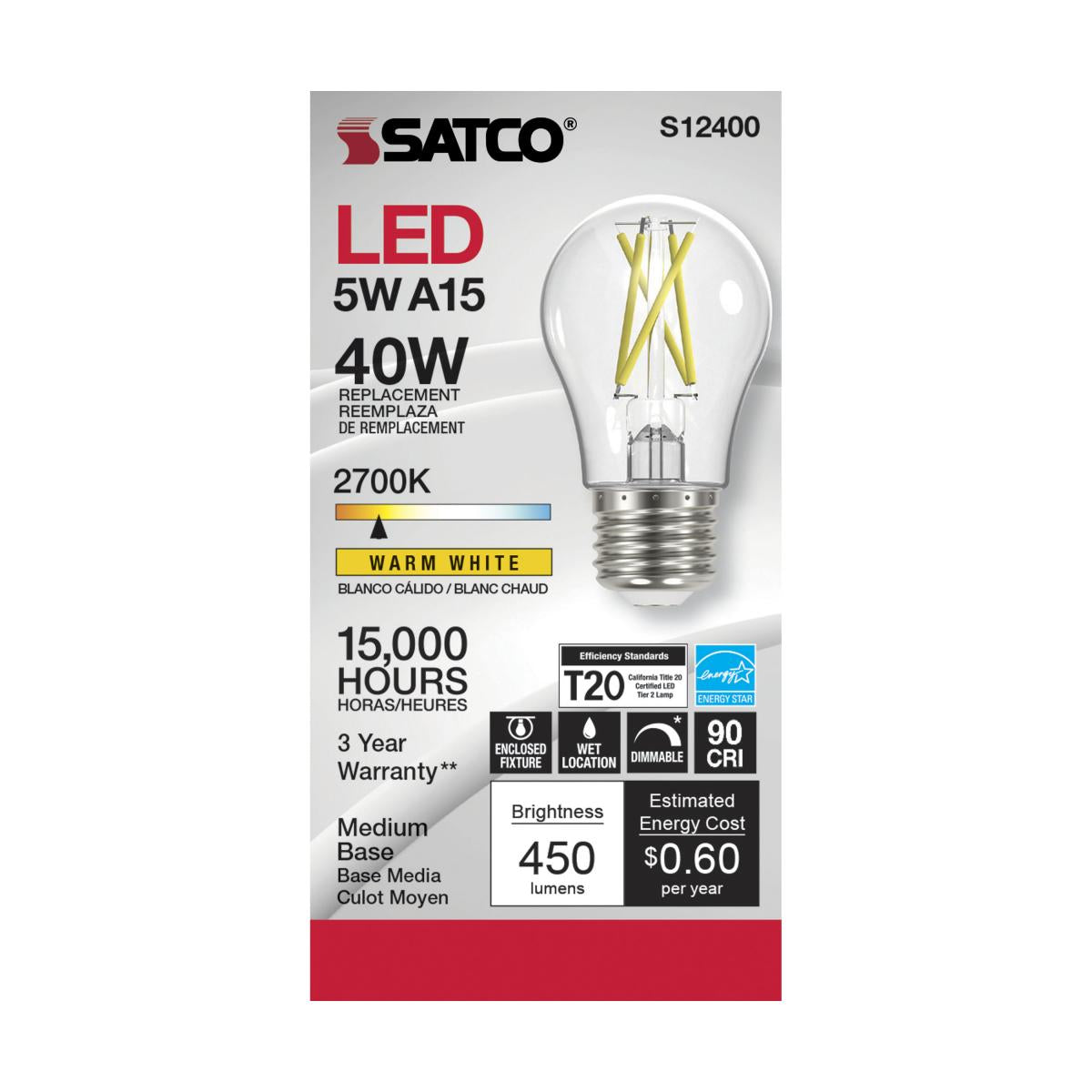 Satco LED A15 Classic Appliance Light Bulb – 5W – 40W Equivalent – E26 Base – Clear – 2700K