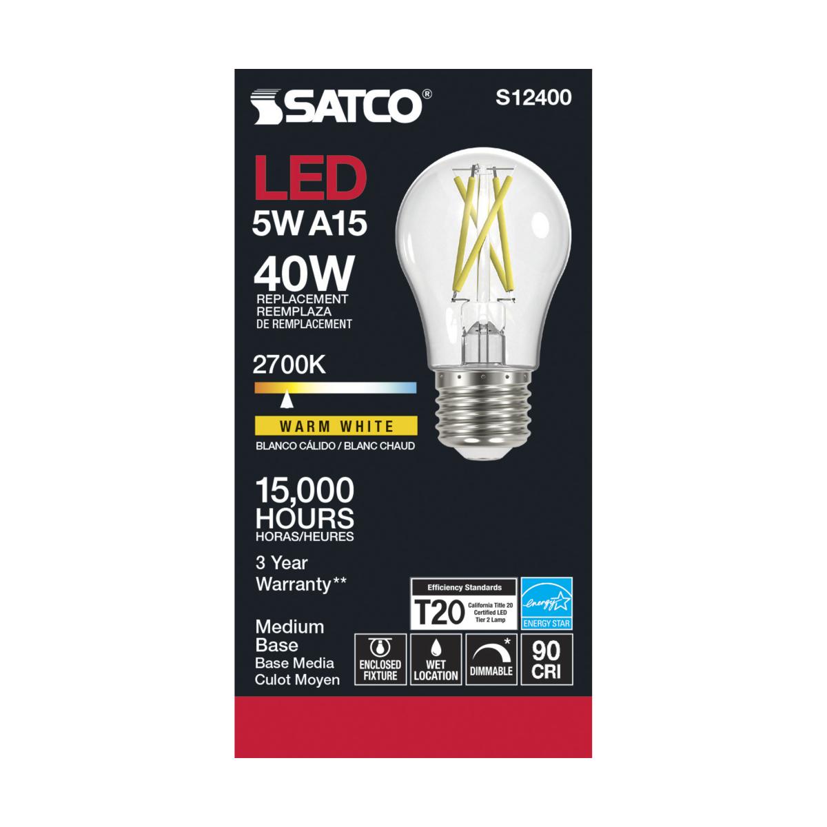 Satco LED A15 Classic Appliance Light Bulb – 5W – 40W Equivalent – E26 Base – Clear – 2700K