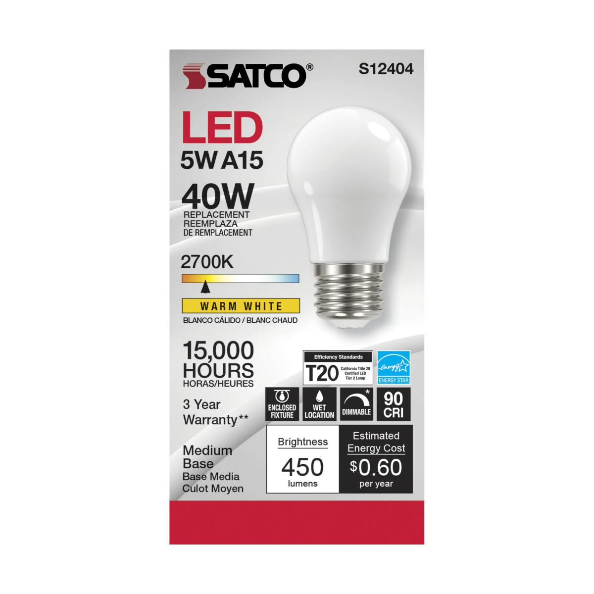 Satco LED A15 Classic Appliance Light Bulb - Frosted – 5W – 40W Equivalent – E26 Base – Warm White – 2700K