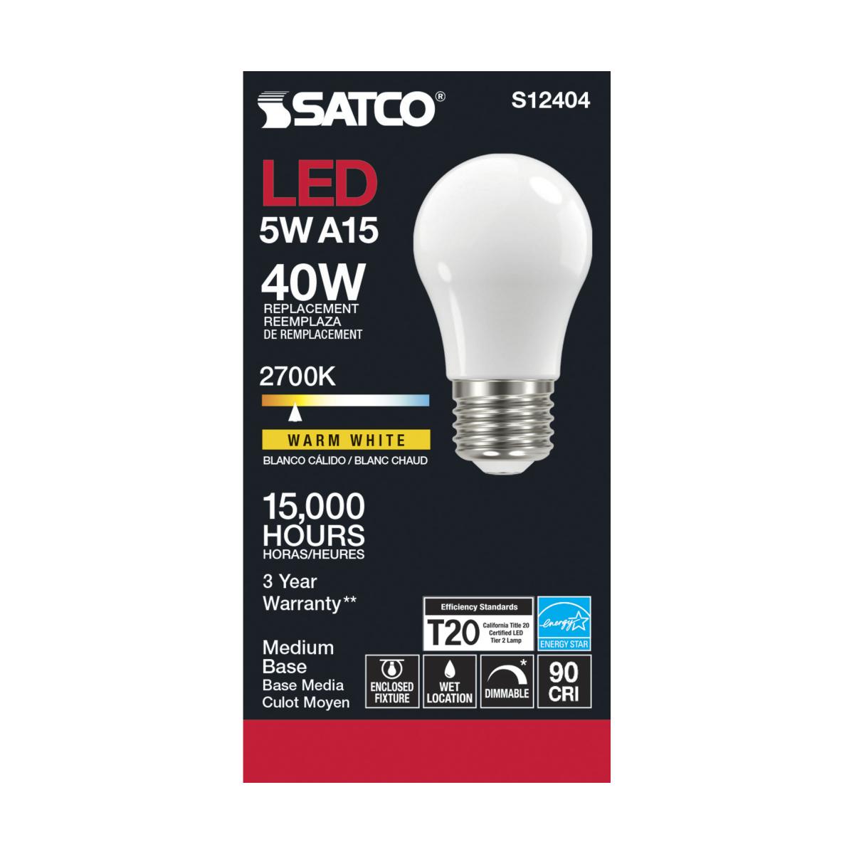 Satco LED A15 Classic Appliance Light Bulb - Frosted – 5W – 40W Equivalent – E26 Base – Warm White – 2700K