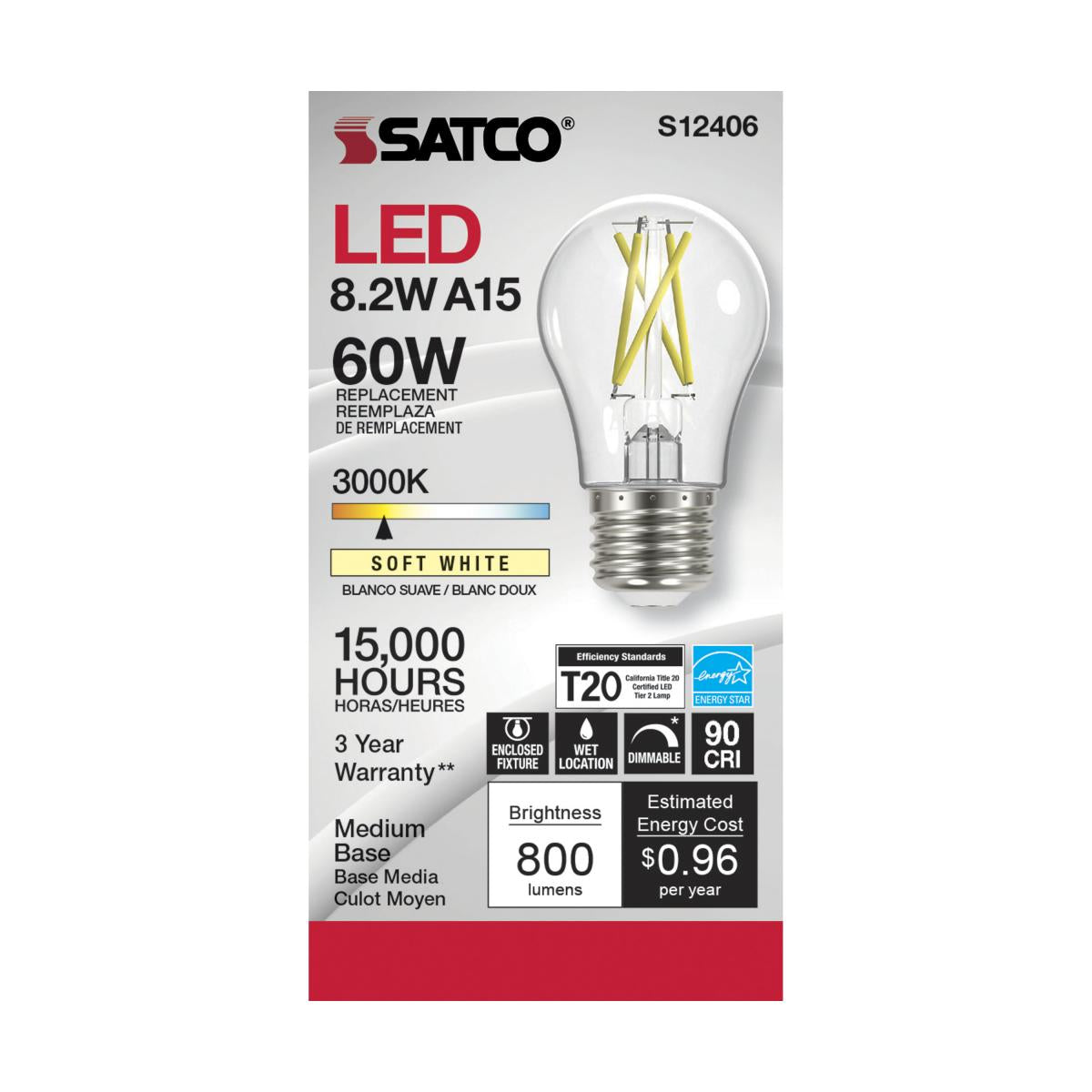 Satco LED A15 Classic Appliance Light Bulb – 8.2W – 60W Equivalent – E26 Base – Clear – 3000K