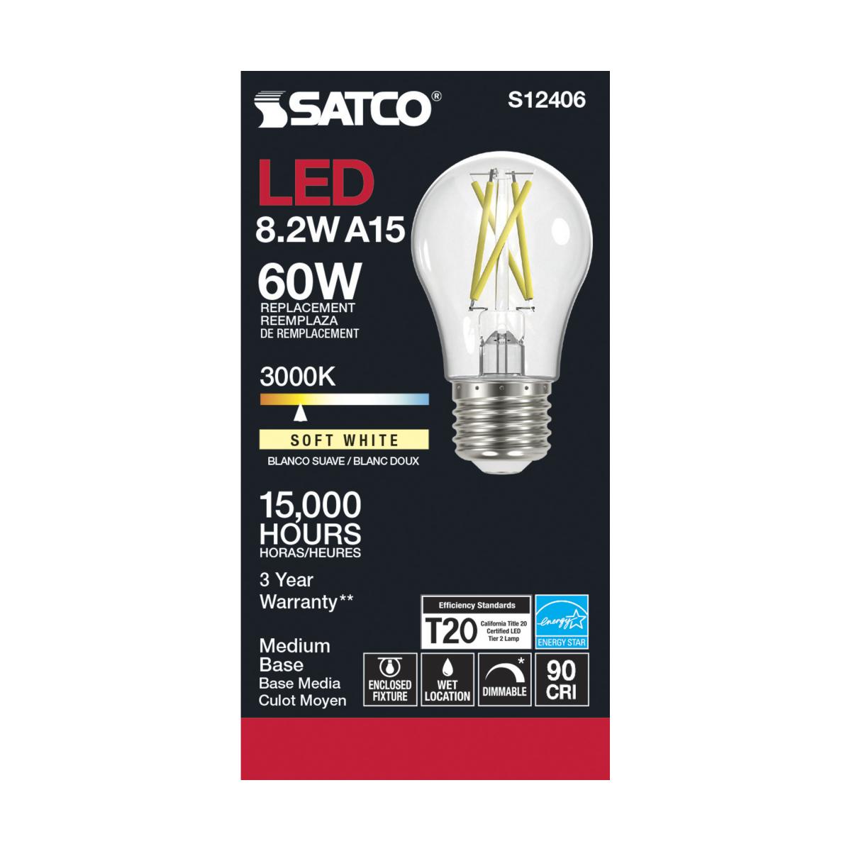 Satco LED A15 Classic Appliance Light Bulb – 8.2W – 60W Equivalent – E26 Base – Clear – 3000K