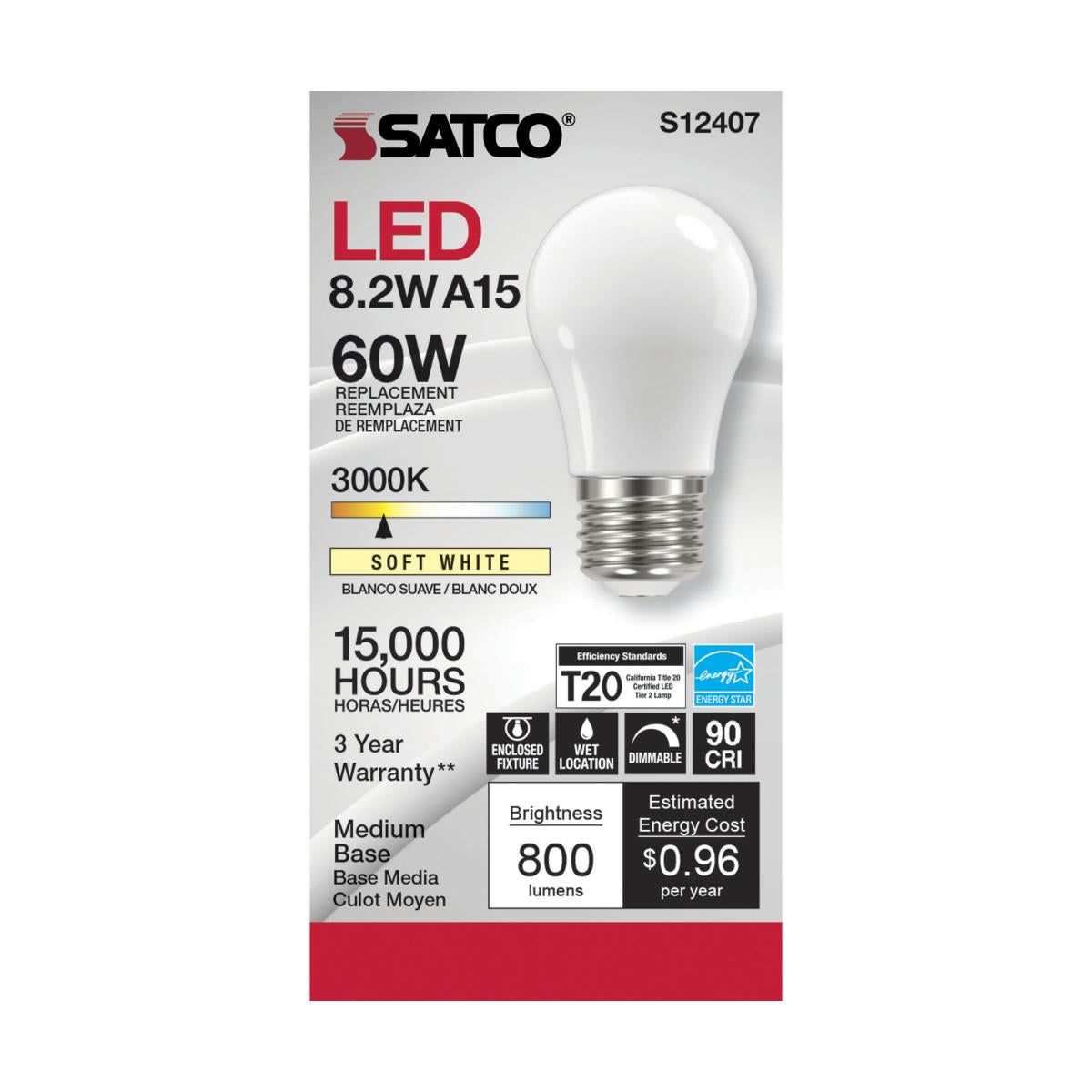 Satco LED A15 Classic Appliance Light Bulb - Frosted – 8.2W – 60W Equivalent – E26 Base – Warm White – 3000K