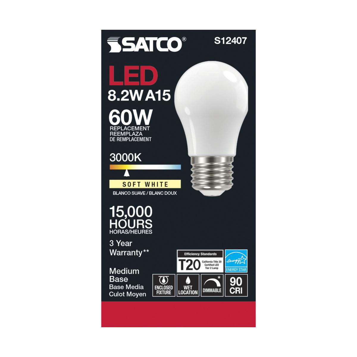 Satco LED A15 Classic Appliance Light Bulb - Frosted – 8.2W – 60W Equivalent – E26 Base – Warm White – 3000K