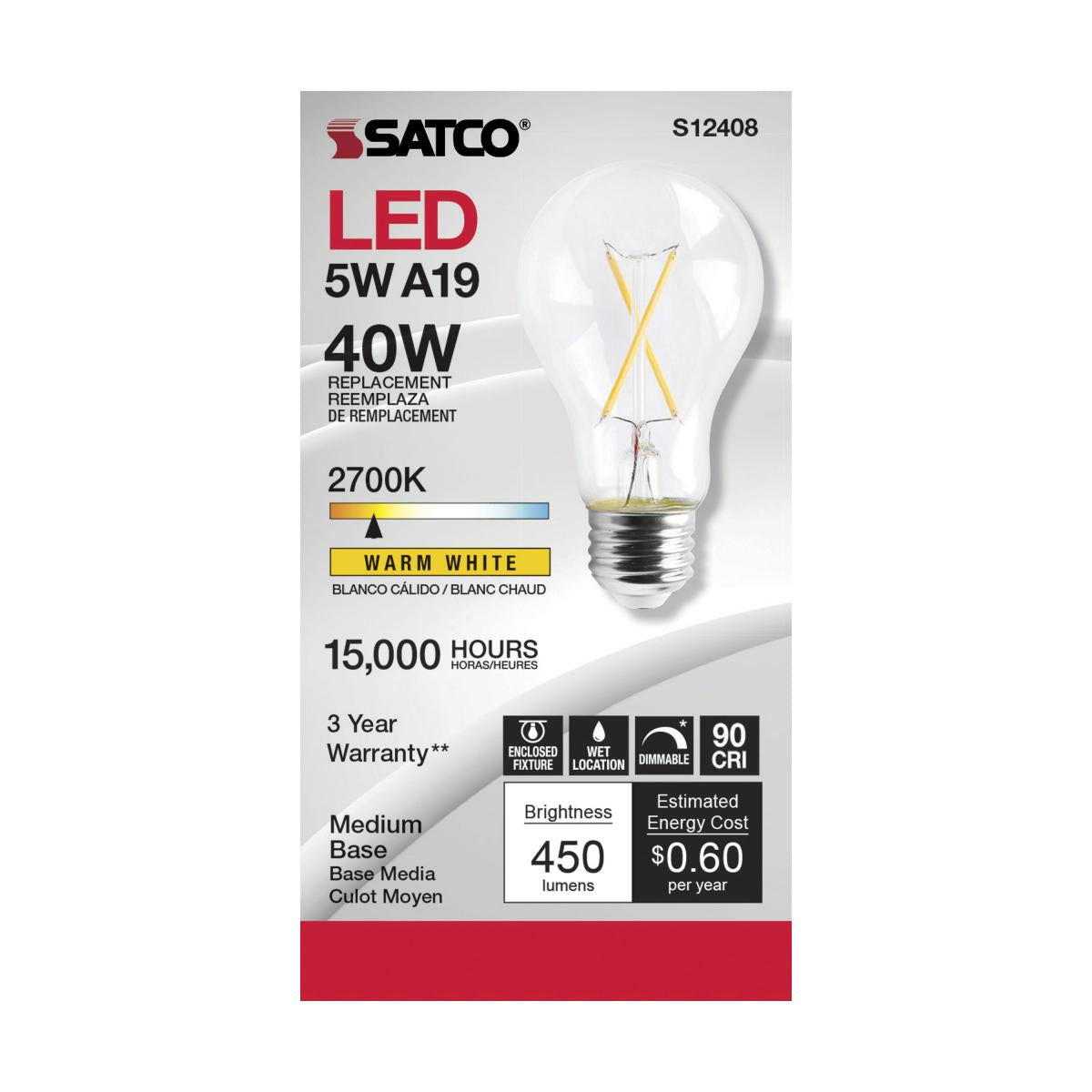 Satco LED A19 Classic Light Bulb Replacement – 5W – 40W Equivalent – E26 Base – Clear – 2700K