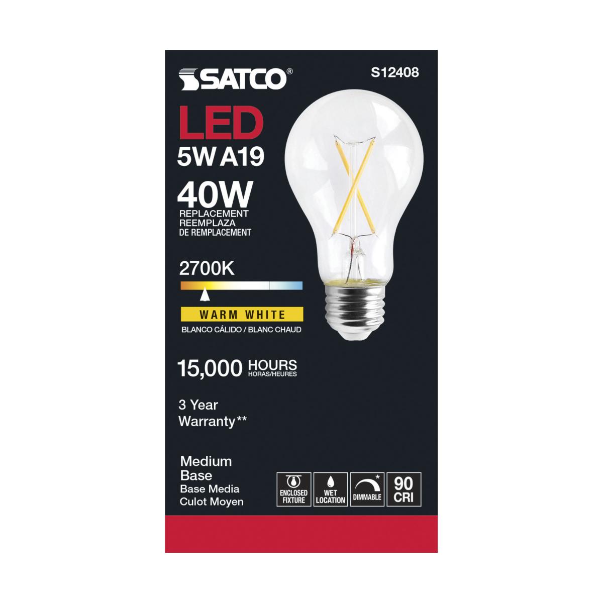 Satco LED A19 Classic Light Bulb Replacement – 5W – 40W Equivalent – E26 Base – Clear – 2700K