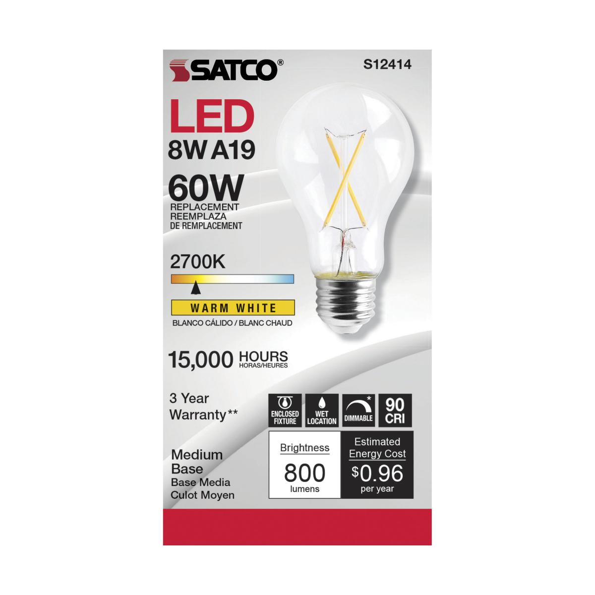 Satco LED A19 Classic Light Bulb Replacement – 8W – 60W Equivalent – E26 Base – Clear – 2700K