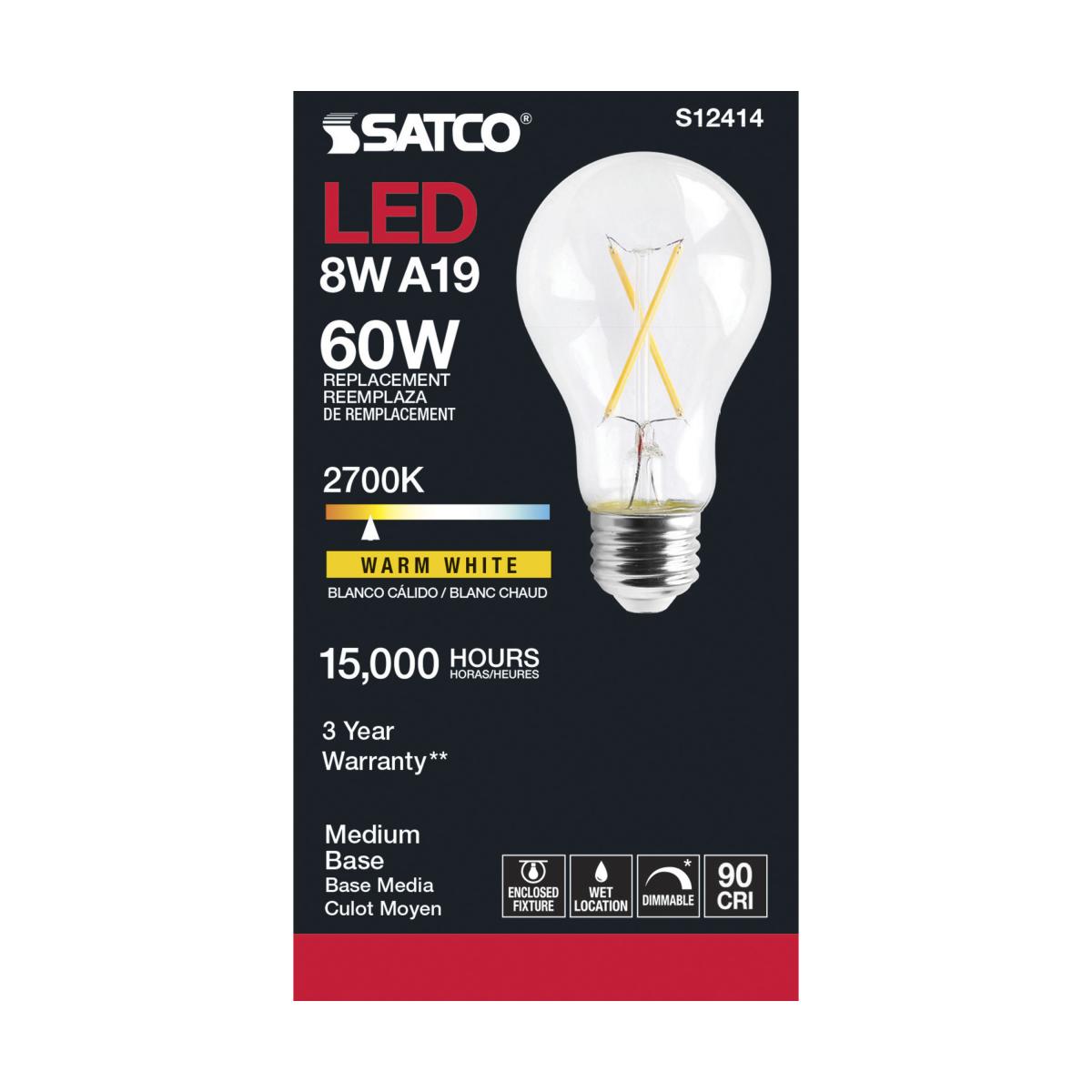 Satco LED A19 Classic Light Bulb Replacement – 8W – 60W Equivalent – E26 Base – Clear – 2700K