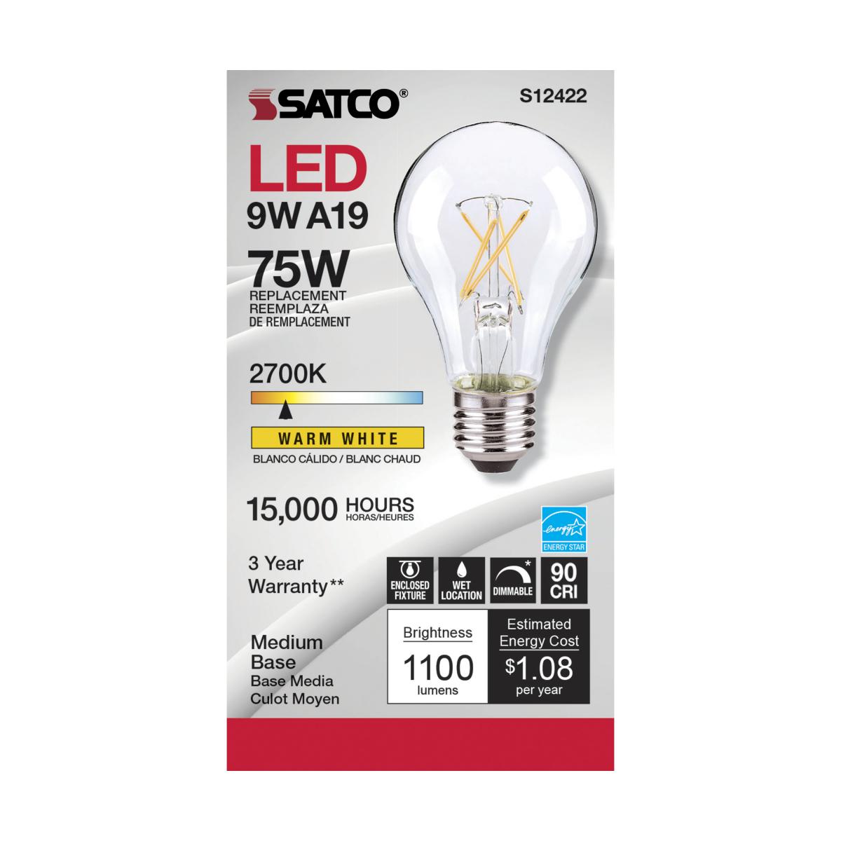 Satco LED A19 Classic Light Bulb Replacement – 10.5W – 75W Equivalent – E26 Base – Clear – 2700K