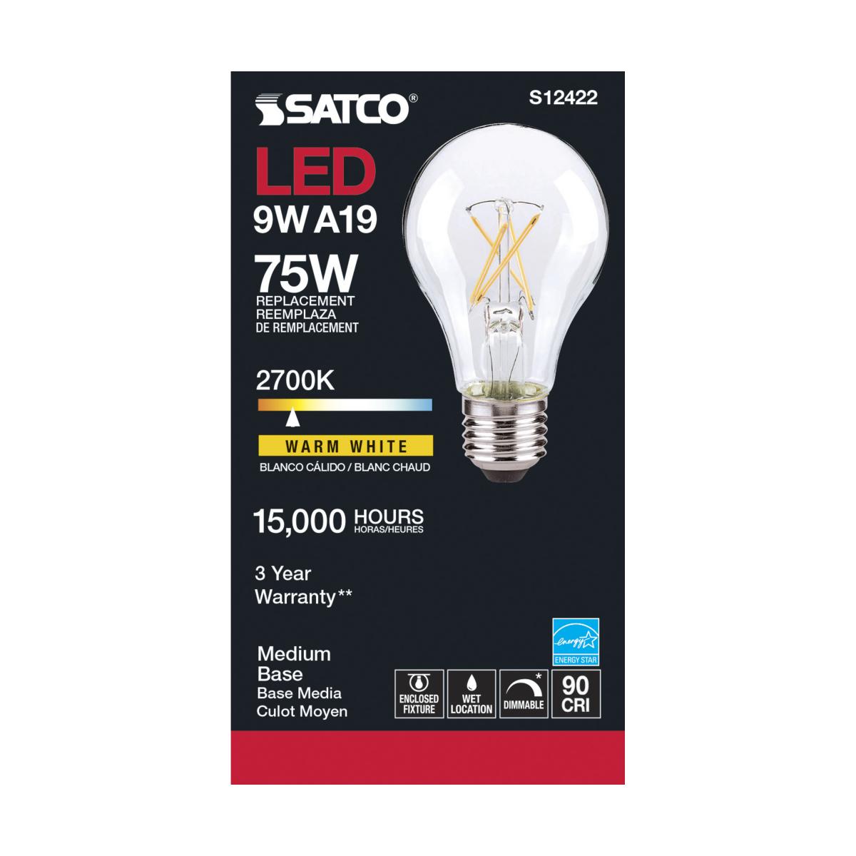 Satco LED A19 Classic Light Bulb Replacement – 10.5W – 75W Equivalent – E26 Base – Clear – 2700K