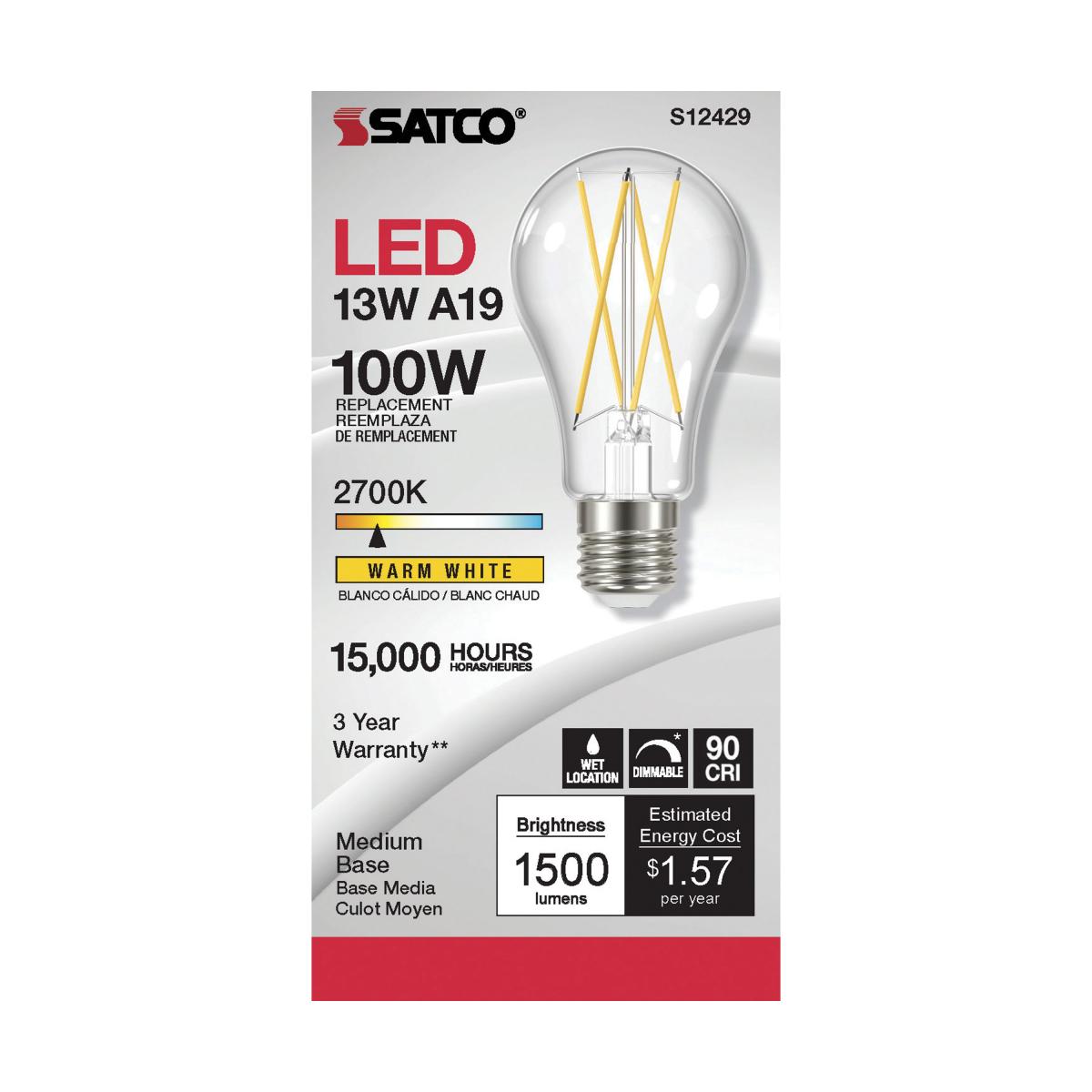 Satco LED A19 Classic Light Bulb Replacement – 12.5W – 100W Equivalent – E26 Base – Clear – 2700K