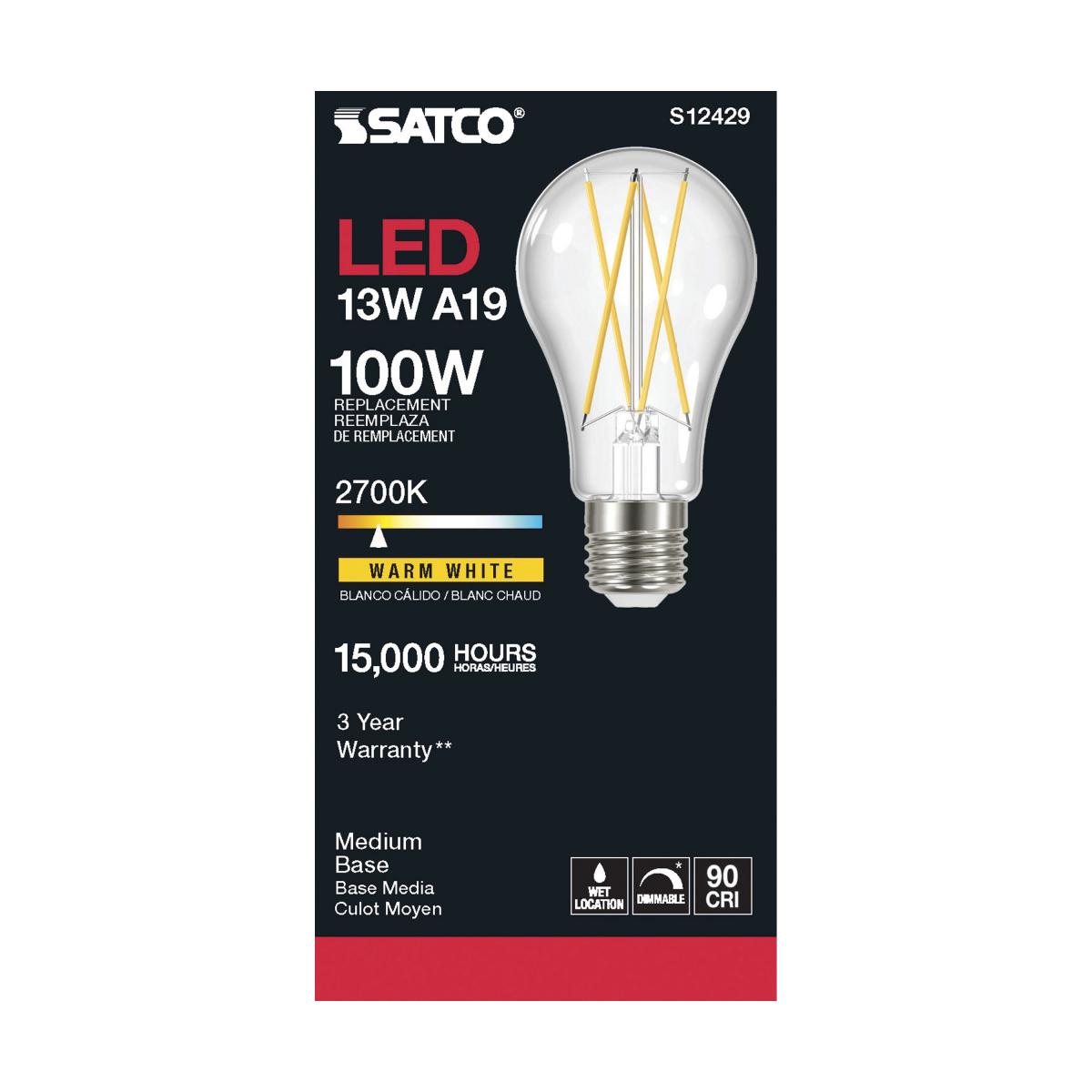 Satco LED A19 Classic Light Bulb Replacement – 12.5W – 100W Equivalent – E26 Base – Clear – 2700K