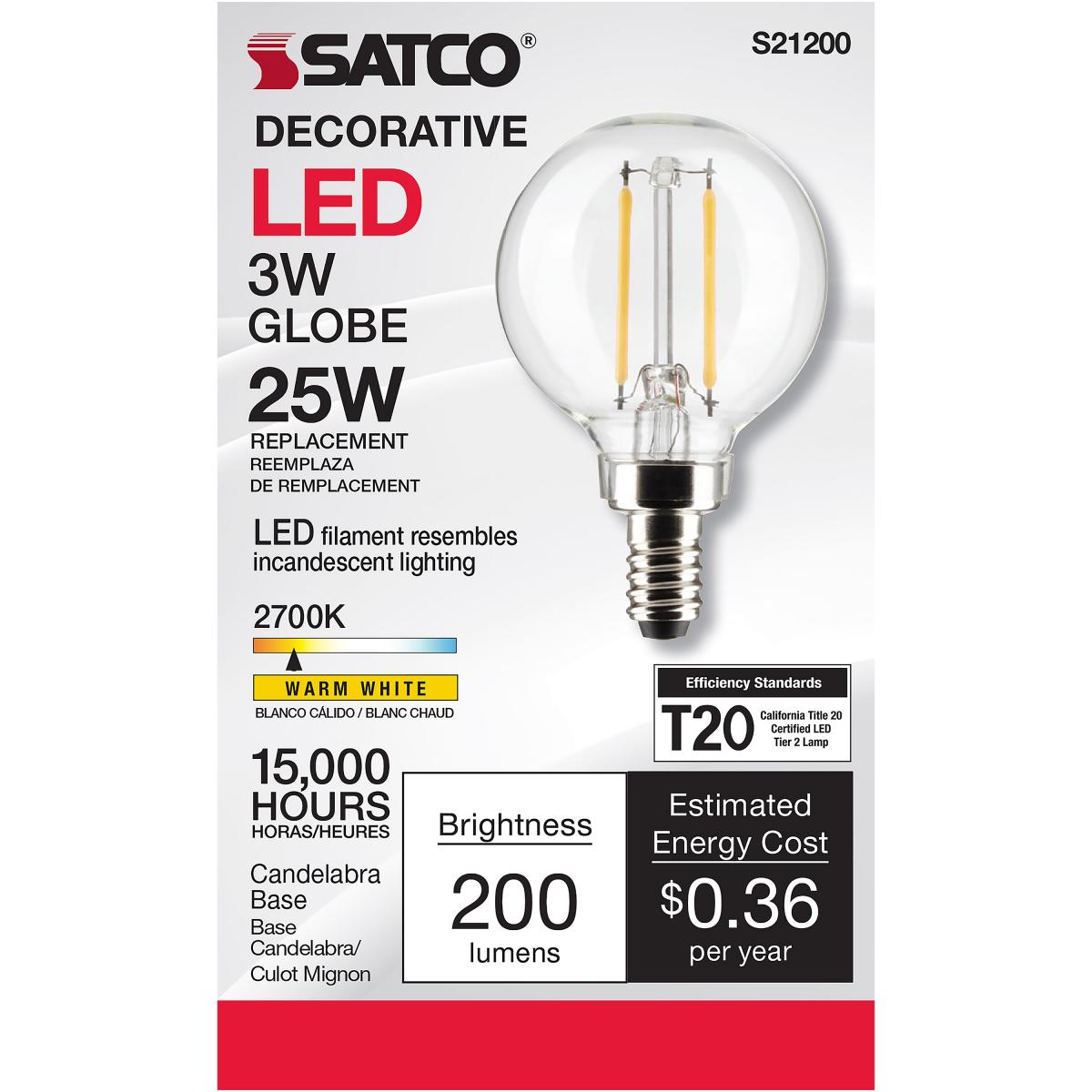 Satco LED G16.5 Globe Light Bulb – 3W – 25W Equivalent – E12 Base – Clear – 2700K