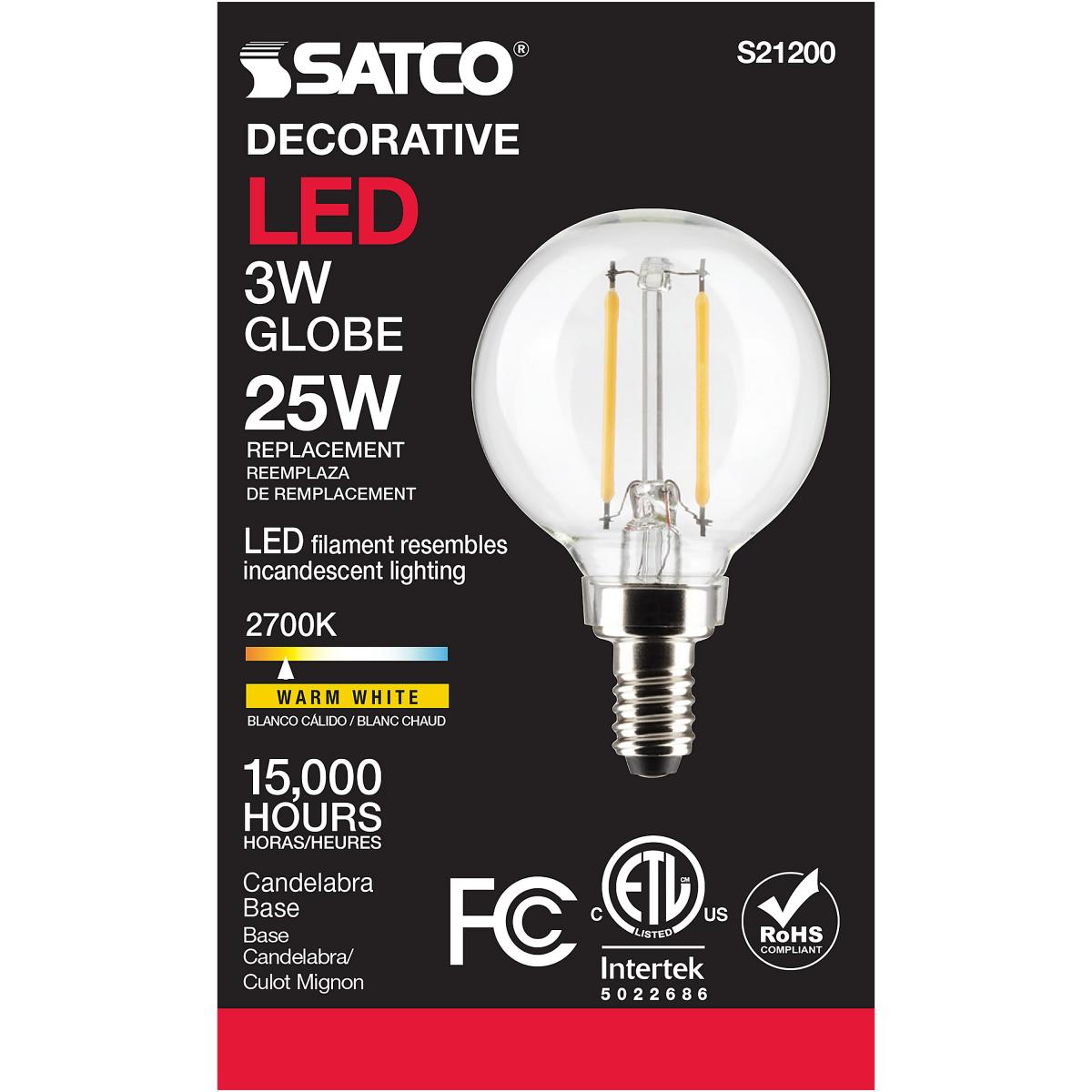 Satco LED G16.5 Globe Light Bulb – 3W – 25W Equivalent – E12 Base – Clear – 2700K