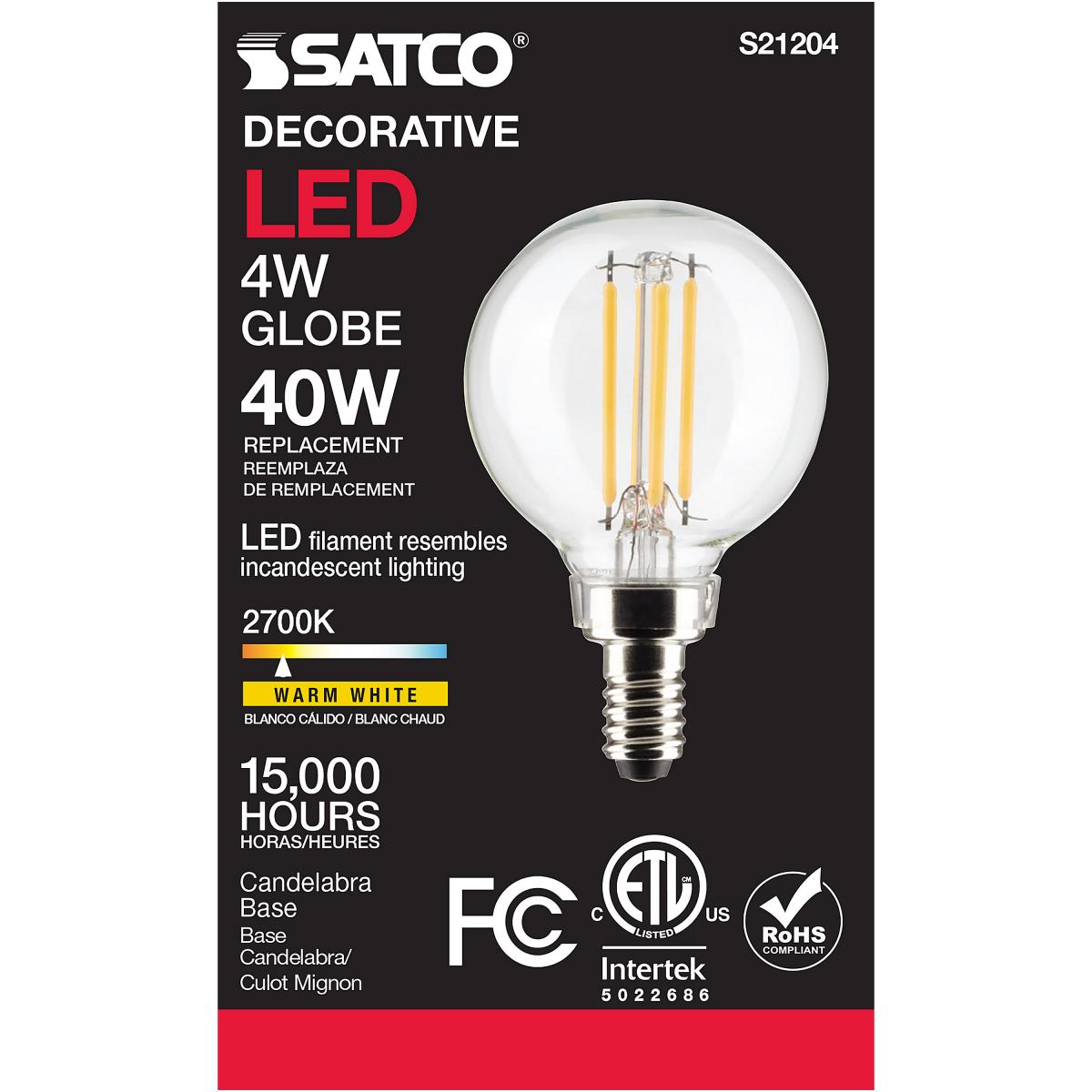 Satco LED G16.5 Globe Light Bulb – 4W – 40W Equivalent – E12 Base – Clear – 2700K