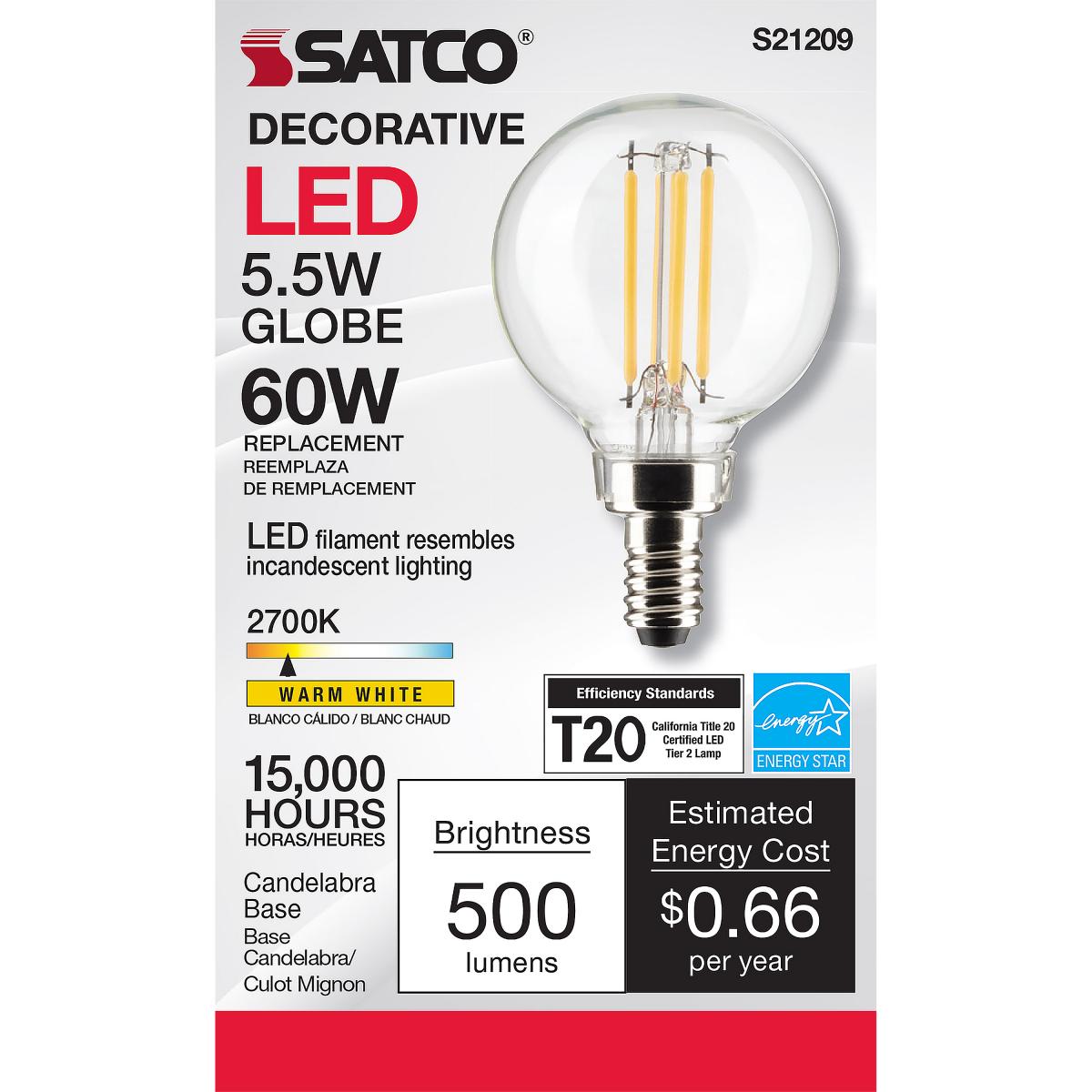 Satco LED G16.5 Globe Light Bulb – 5.5W – 60W Equivalent – E12 Base – Clear – 2700K