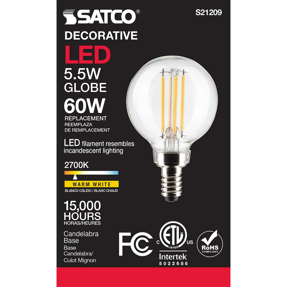 Satco LED G16.5 Globe Light Bulb – 5.5W – 60W Equivalent – E12 Base – Clear – 2700K