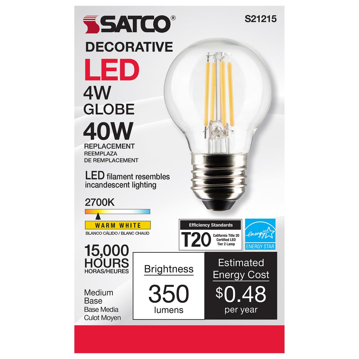 Satco LED G16.5 Globe Light Bulb Replacement – 4W – 40W Equivalent – E26 Base – Clear – 2700K