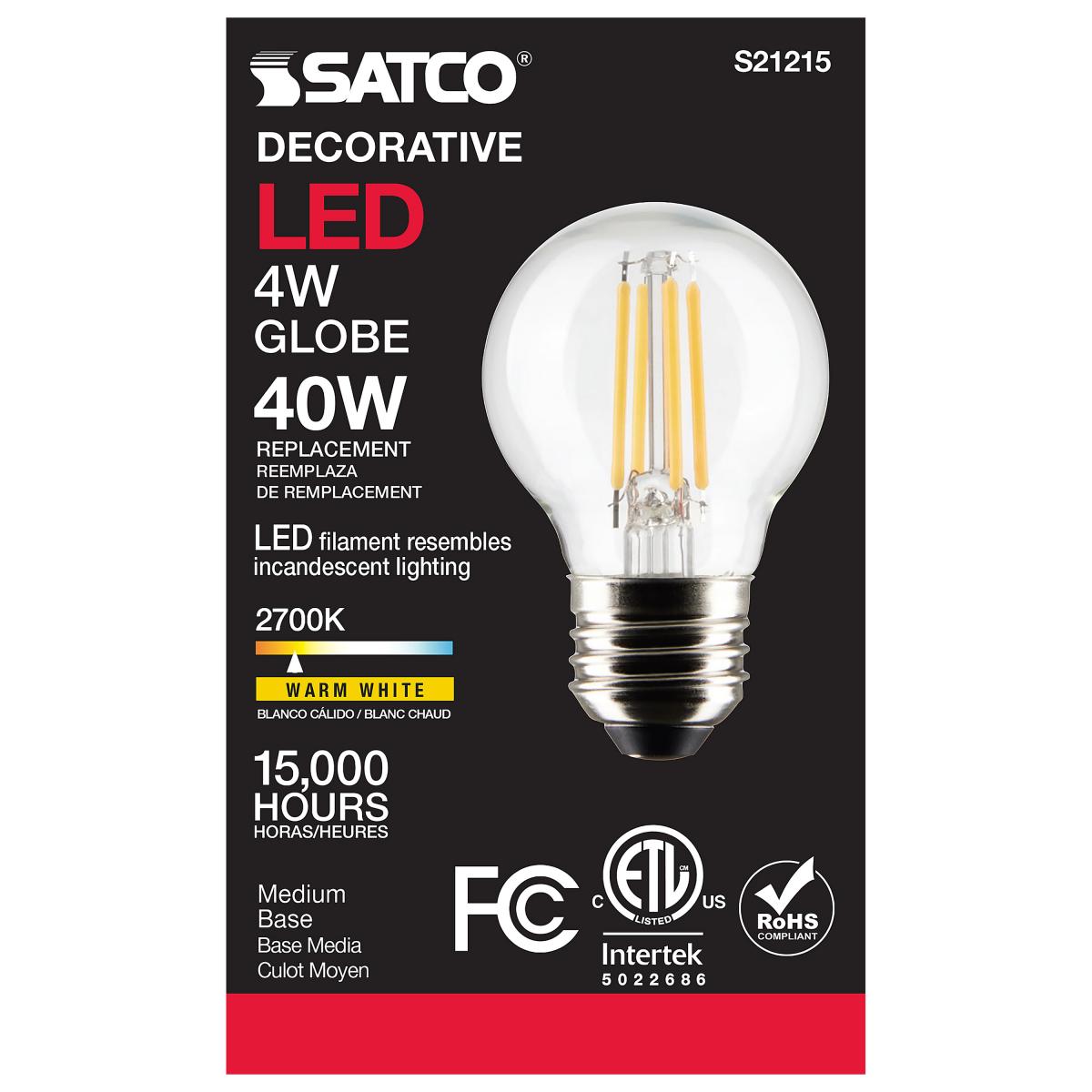 Satco LED G16.5 Globe Light Bulb Replacement – 4W – 40W Equivalent – E26 Base – Clear – 2700K