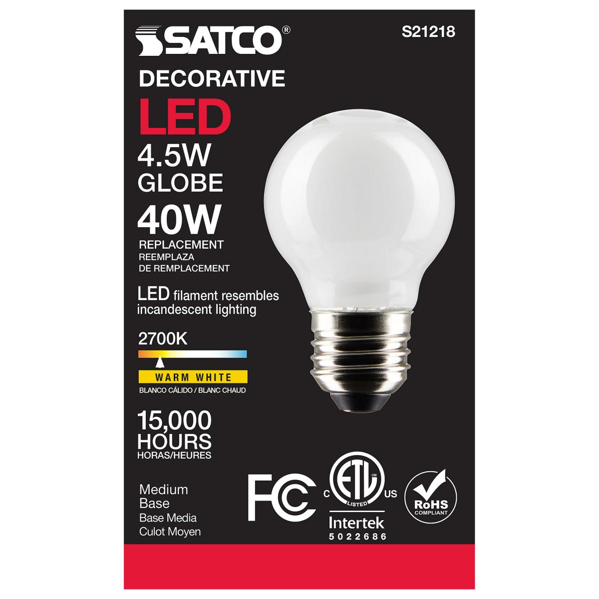 Satco LED G16.5 Globe Light Bulb Replacement – Frosted – 4.5W – 40W Equivalent – E26 Base – Warm White – 2700K