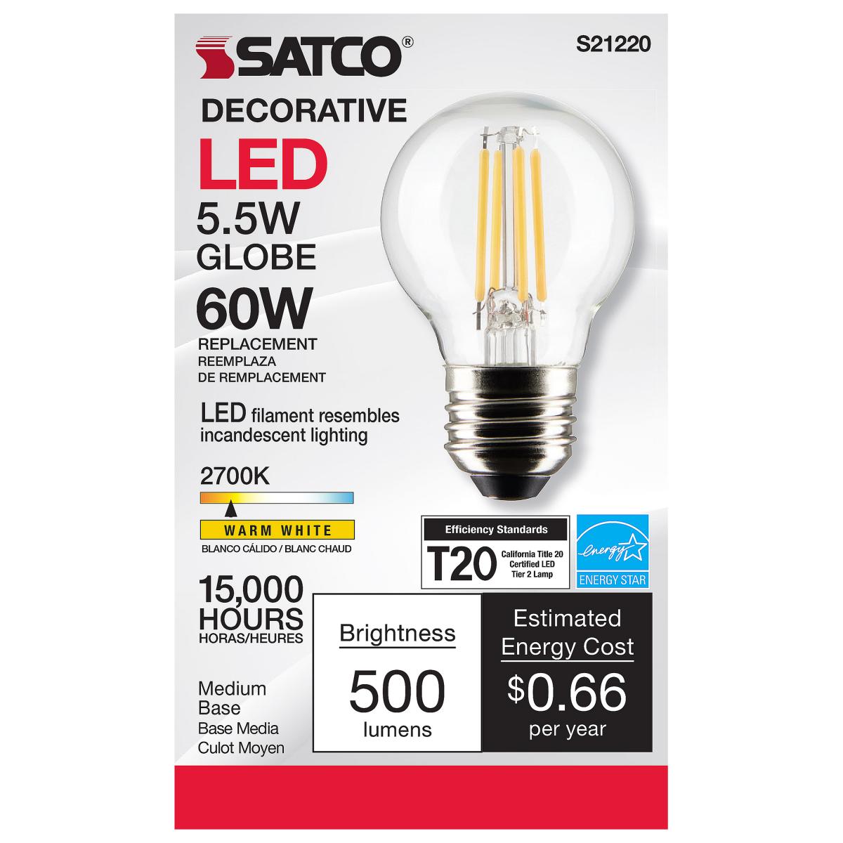 Satco LED G16.5 Globe Light Bulb Replacement – 5.5W – 60W Equivalent – E26 Base – Clear – 2700K