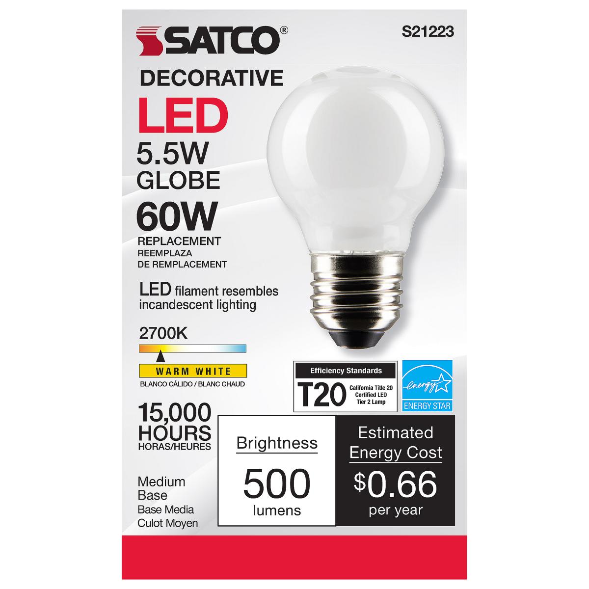 Satco LED G16.5 Globe Light Bulb Replacement – Frosted – 5.5W – 60W Equivalent – E26 Base – Warm White – 2700K