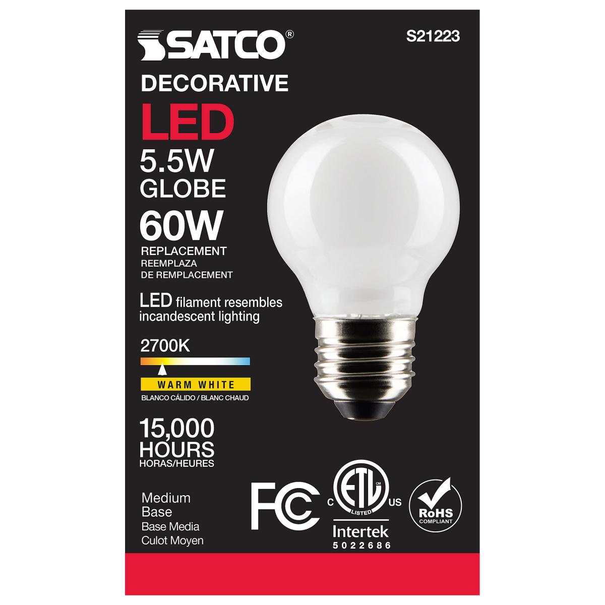 Satco LED G16.5 Globe Light Bulb Replacement – Frosted – 5.5W – 60W Equivalent – E26 Base – Warm White – 2700K