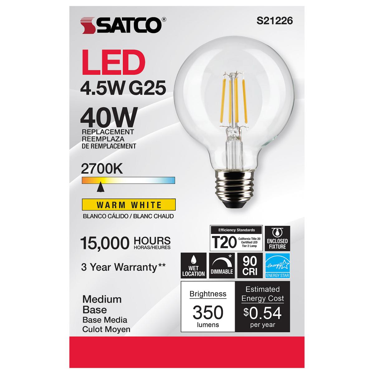 Satco LED G25 Globe Light Bulb – 4.5W – 40W Equivalent – E26 Base – Clear – 2700K