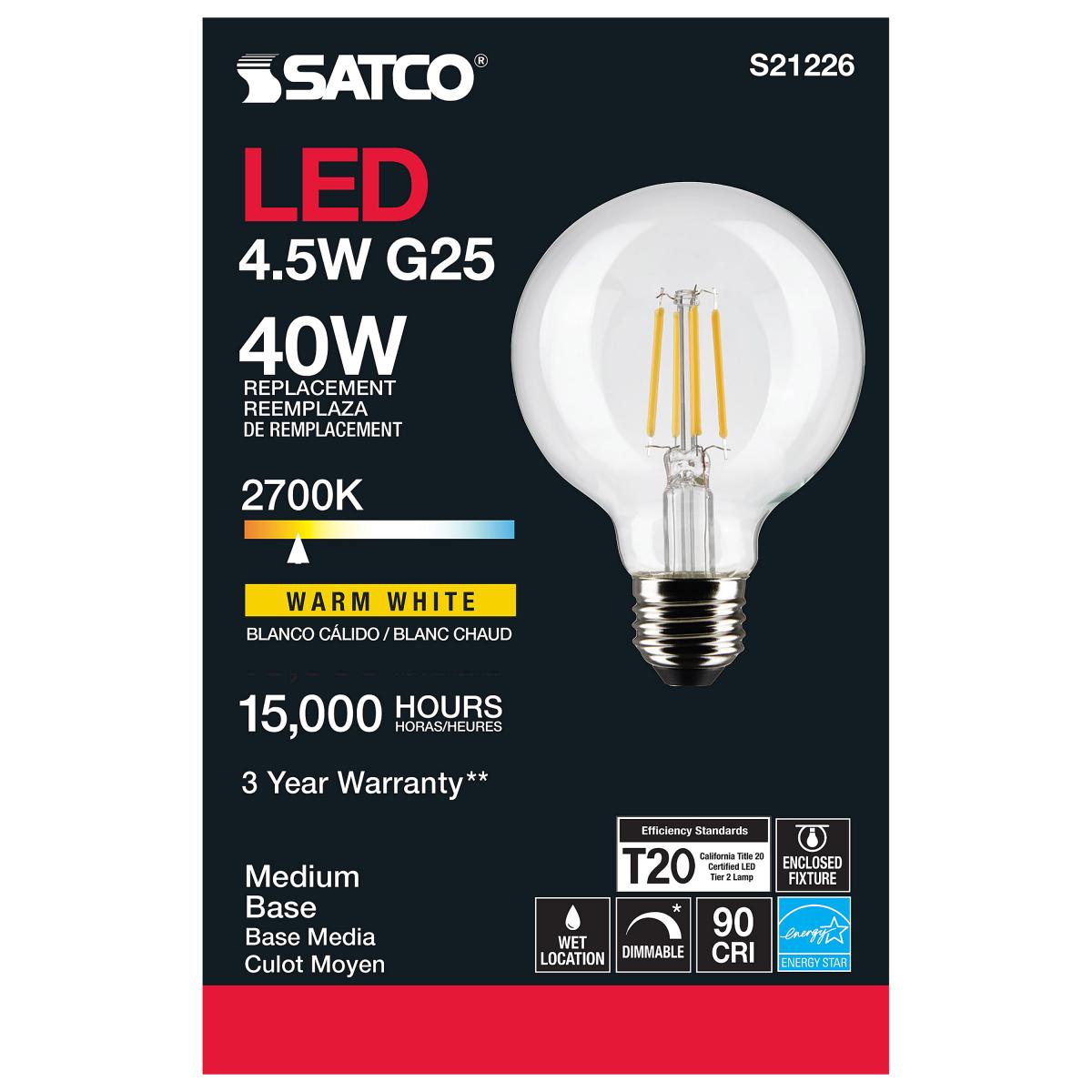 Satco LED G25 Globe Light Bulb – 4.5W – 40W Equivalent – E26 Base – Clear – 2700K