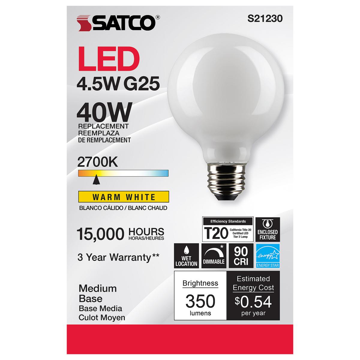 Satco LED G25 Globe Light Bulb – 4.5W – 40W Equivalent – E26 Base – Frosted – 2700K