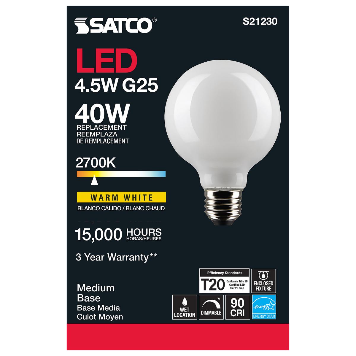 Satco LED G25 Globe Light Bulb – 4.5W – 40W Equivalent – E26 Base – Frosted – 2700K