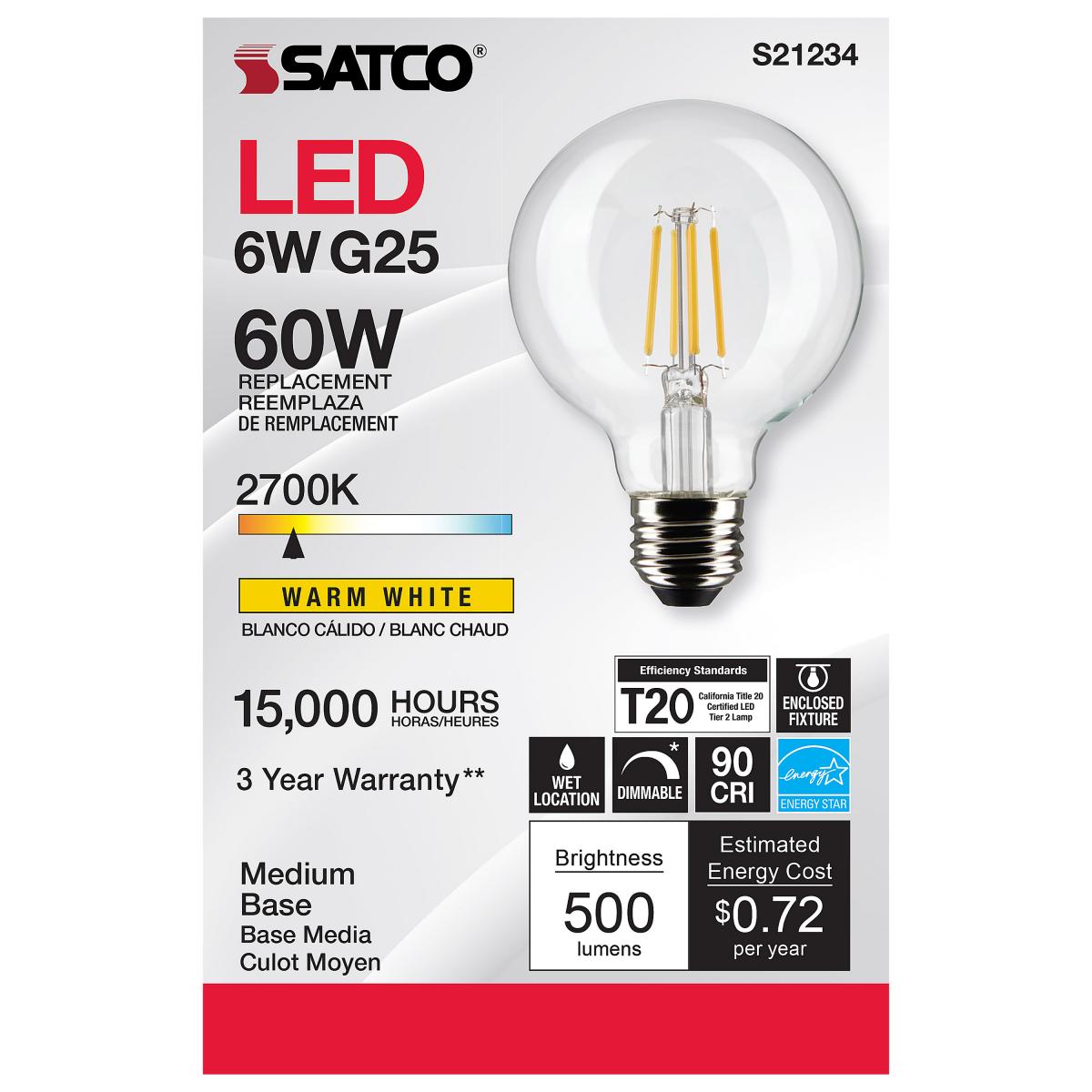 Satco LED G25 Globe Light Bulb – 6W – 60W Equivalent – E26 Base – Clear – 2700K