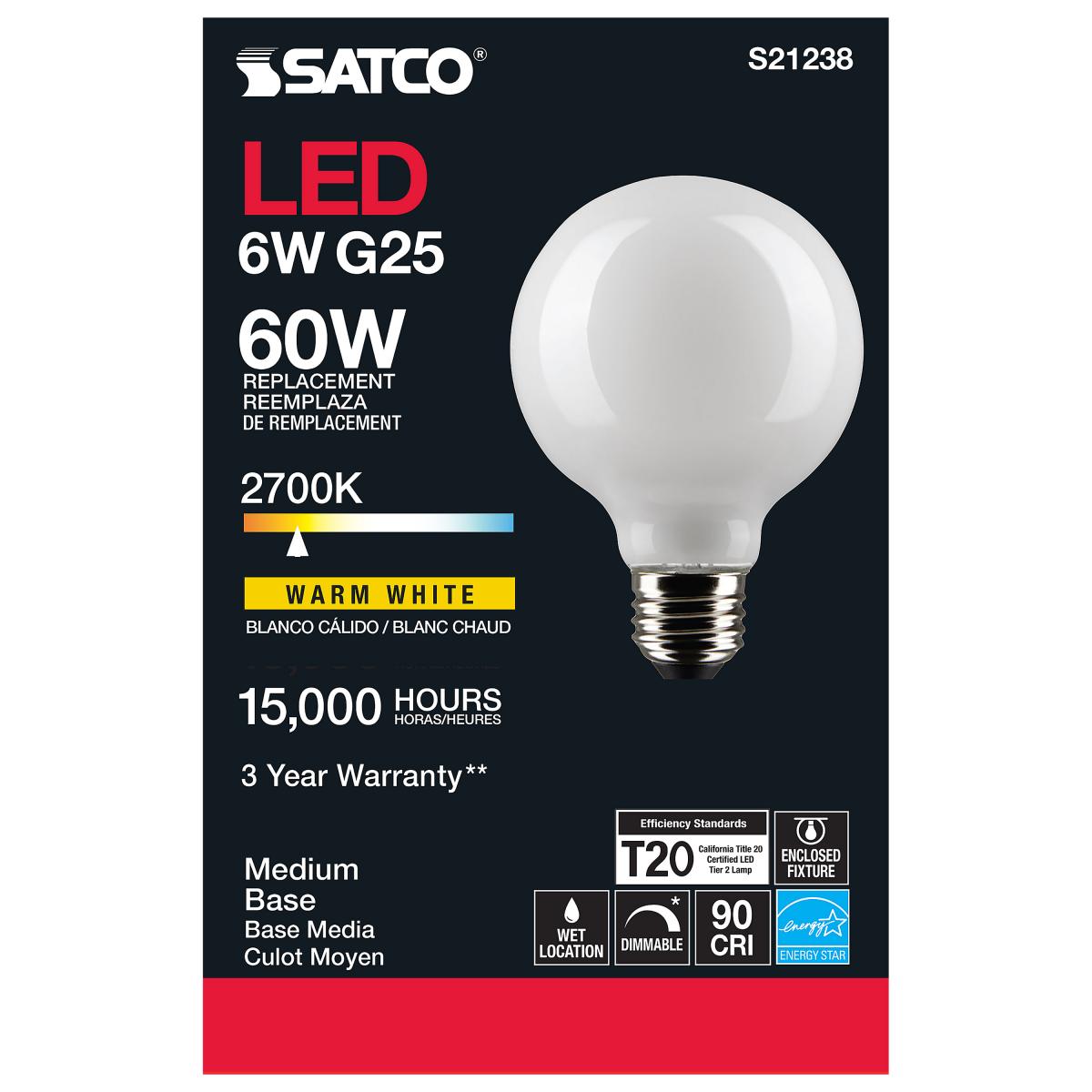 Satco LED G25 Globe Light Bulb – 6W – 60W Equivalent – E26 Base – Frosted – Warm White – 2700K