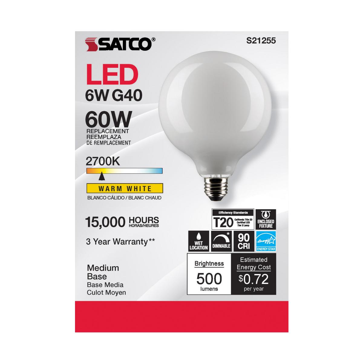 Satco LED G40 Globe Light Bulb – 6W – 60W Equivalent – Frosted – E26 Base – Warm White – 2700K