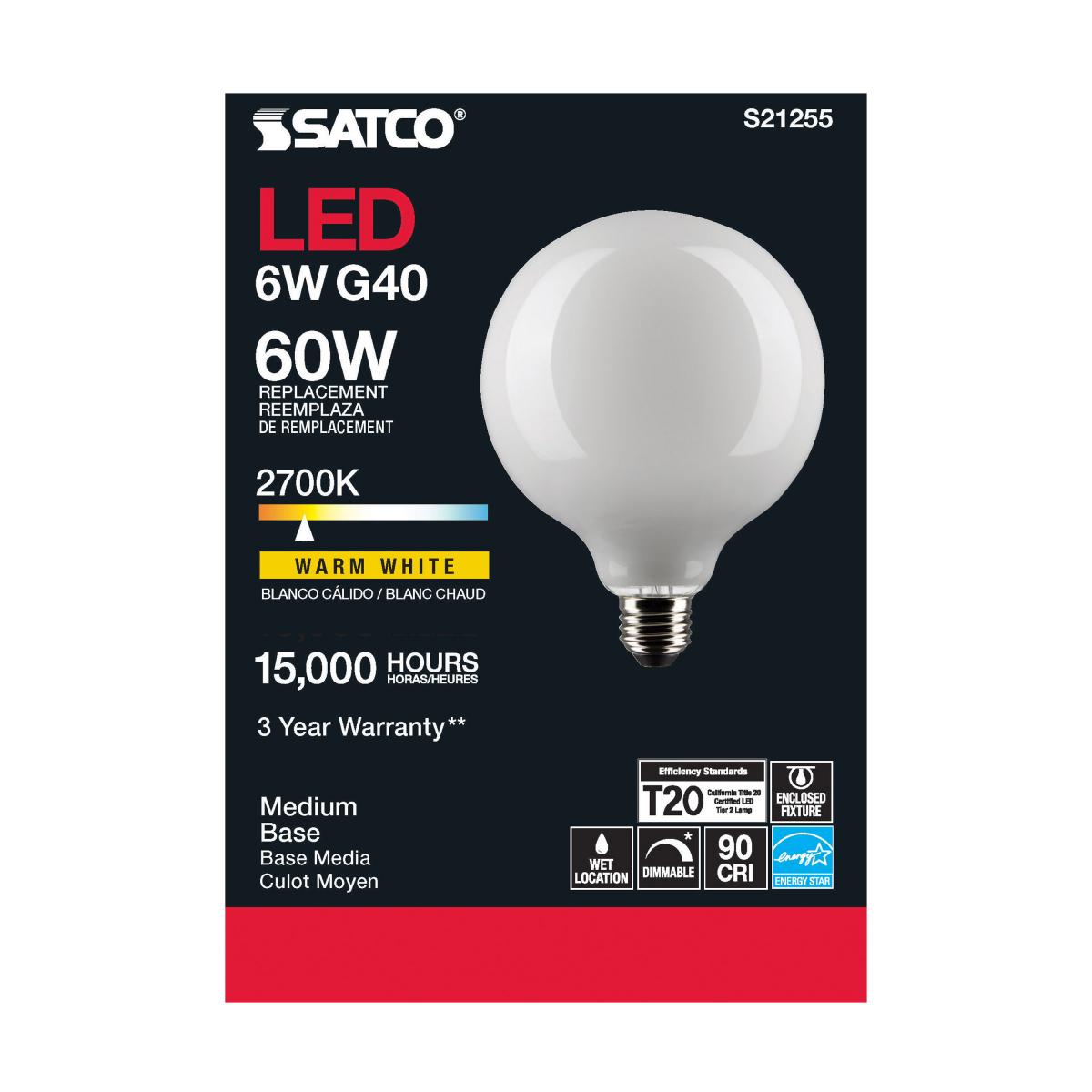 Satco LED G40 Globe Light Bulb – 6W – 60W Equivalent – Frosted – E26 Base – Warm White – 2700K