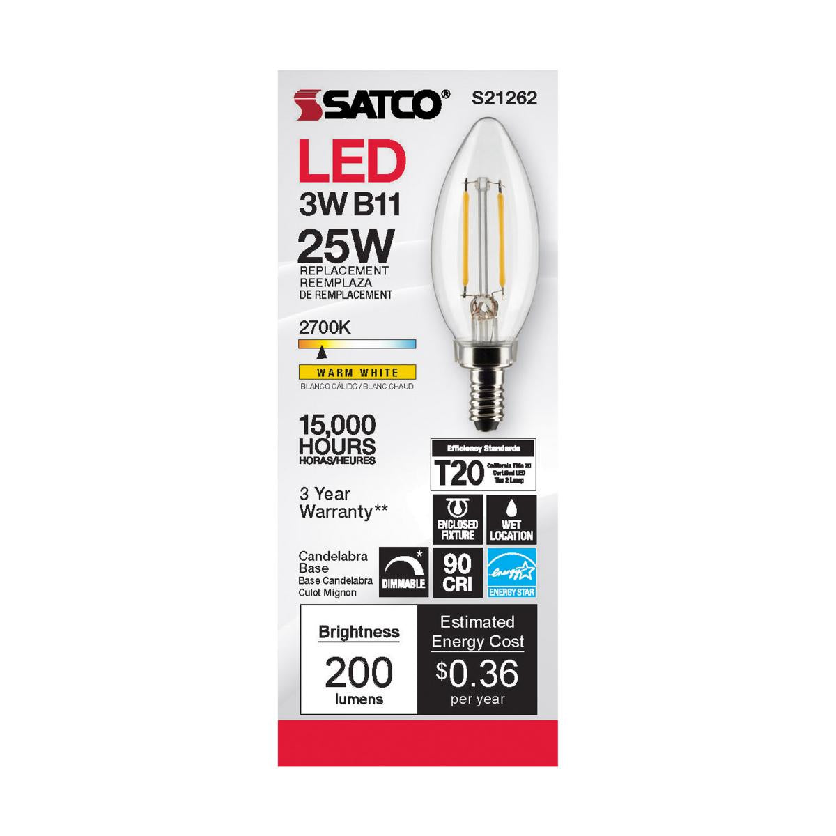 Satco LED 25W Equivalent Torpedo Bulb – 3W – E12 Candelabra Base – Clear – 2700K