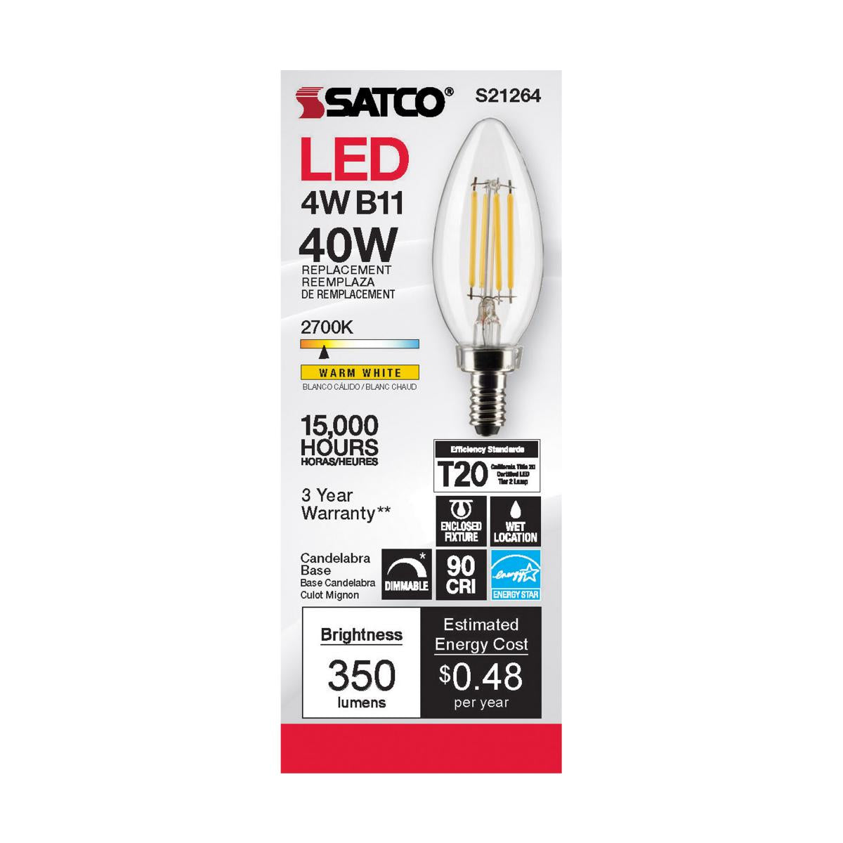 Satco LED 40W Equivalent Torpedo Bulb – 4W – E12 Candelabra Base – Clear – 2700K