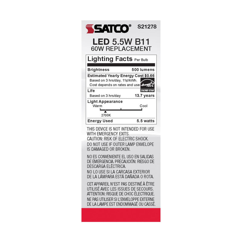 Satco LED 60W Equivalent Torpedo Bulb – 5.5W – E12 Candelabra Base – Frosted – Warm White – 2700K