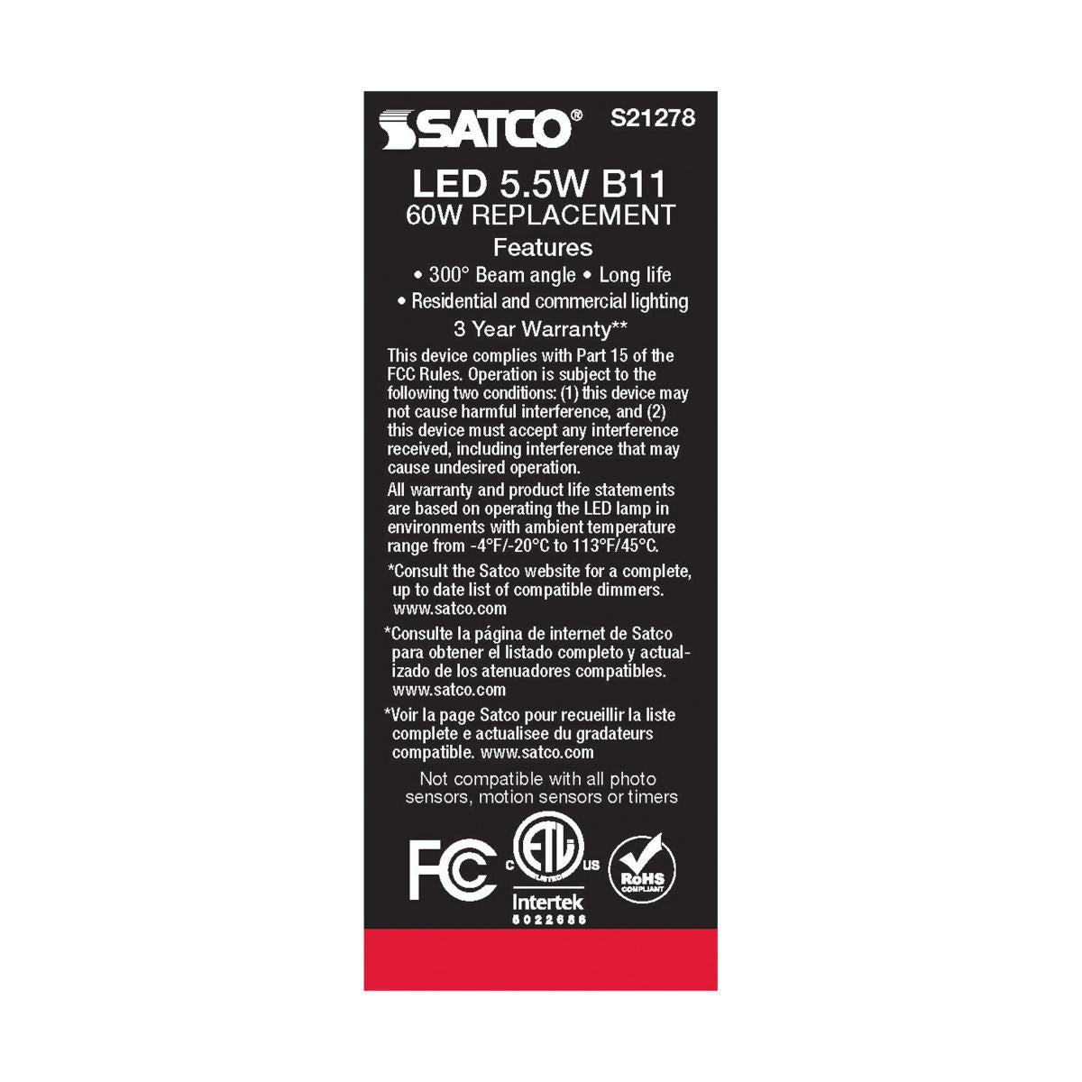 Satco LED 60W Equivalent Torpedo Bulb – 5.5W – E12 Candelabra Base – Frosted – Warm White – 2700K